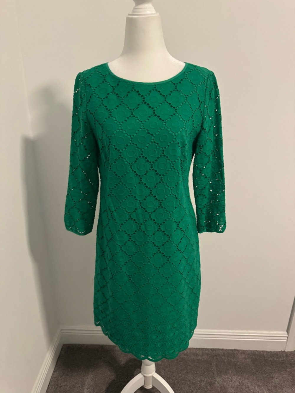 Talbots Emerald Green Lace Sheath Dress with Three-Quarter Sleeves